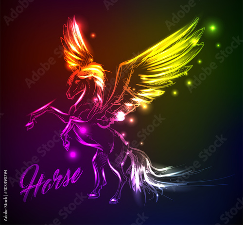 Fire Pegasus. Winged horse in neon light