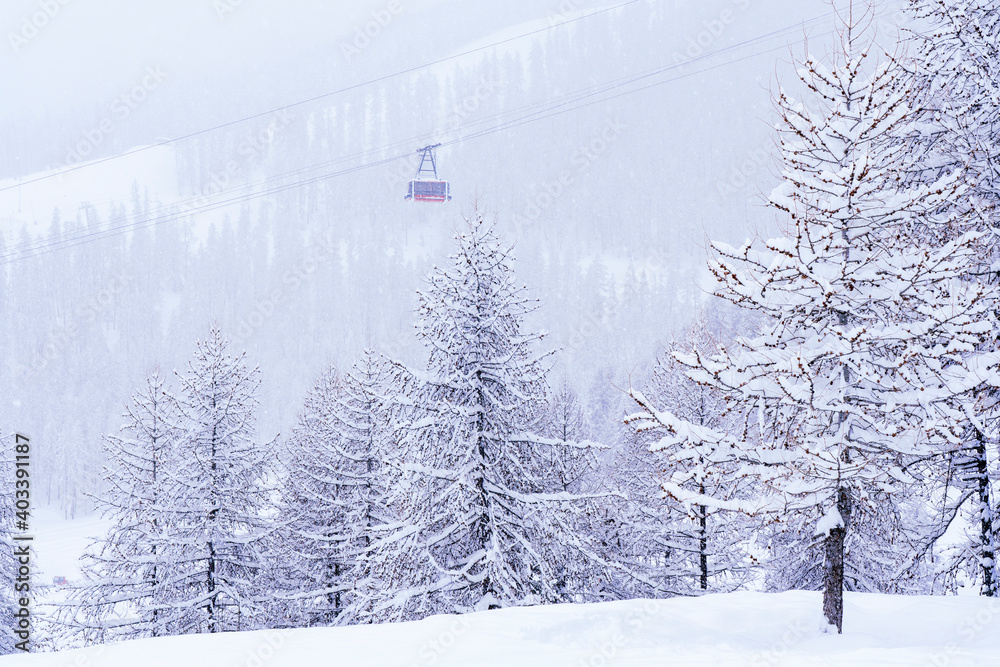 Landscape from top of mountain resort in french Alps with ski slopes and cable car transporting. Snow-covered forest, photographed from above. High quality photo Landscape from top of mountain resort in french Alps with ski slopes and cable car transporting. Snow-covered forest, photographed from above. High quality photo
