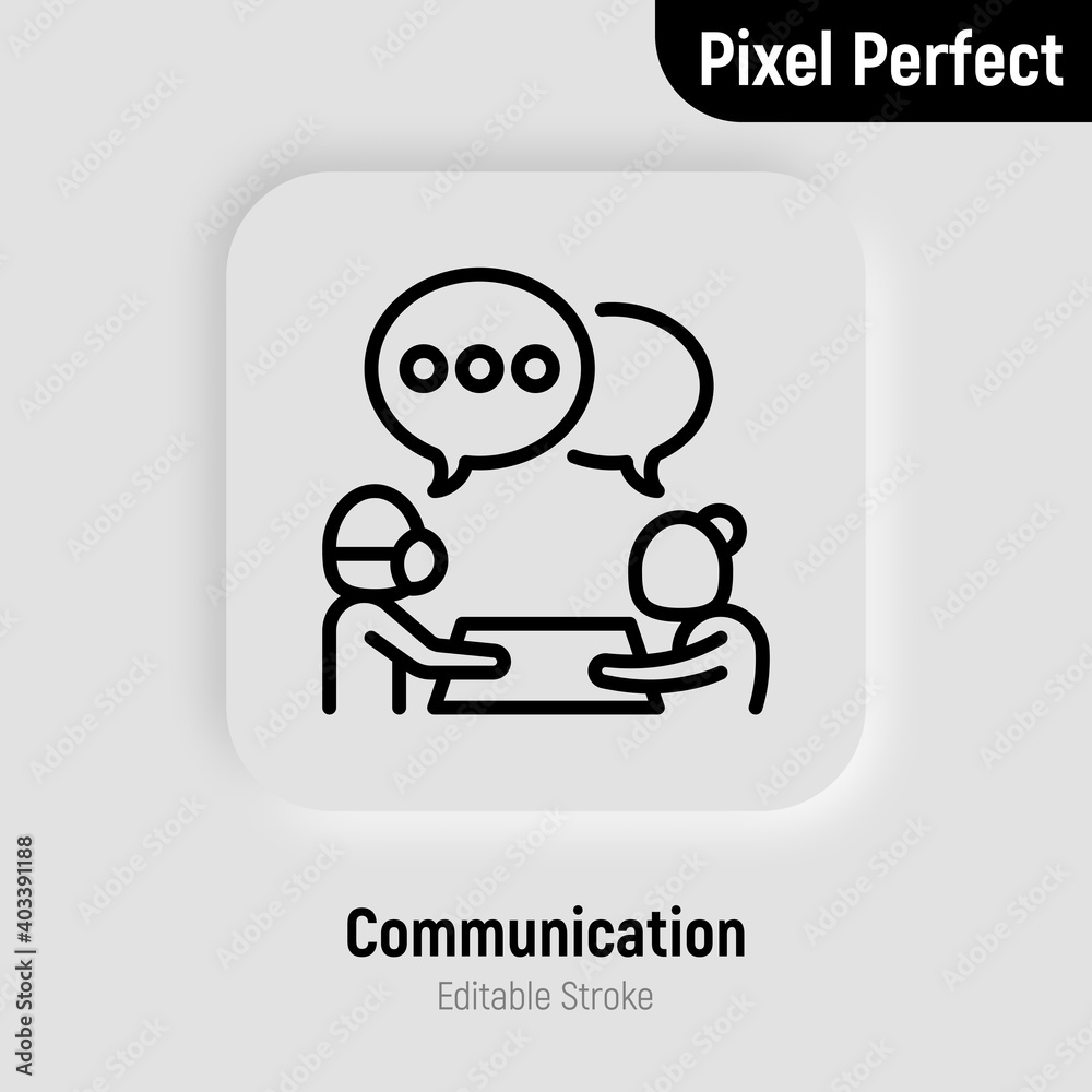 Communication in nursing home: caregiver is talking with elderly person. Thin line icon. Assisted living in nurse house. Psychological help. Pixel perfect, editable stroke. Vector illustration. Communication in nursing home: caregiver is talking with elderly person. Thin line icon. Assisted living in nurse house. Psychological help. Pixel perfect, editable stroke. Vector illustration.