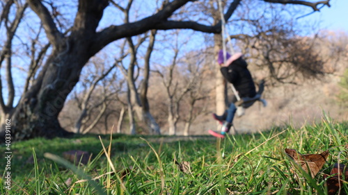 blurred background of the park with a focus on green grass and ground, a girl swinging on a swing fixed on a tree branch, a palette of emotions from the joy of a spring walk to autumn loneliness