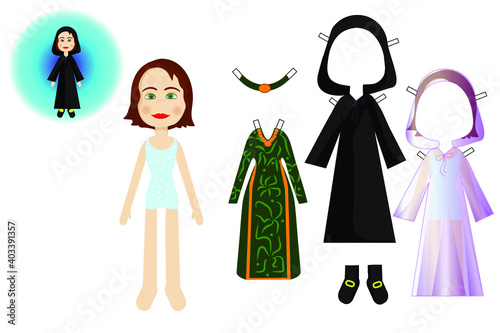 Cut out and dress up the Little Sorceress. The set includes an invisibility cloak, a school uniform and a dress for the ball.Paper doll for printing. Cartoon style. 