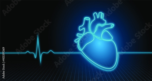 Healthy human heart beats connected by dark blue background glowing lines Pulse inside the body, modern anatomical shapes, innovative technology making vector illustration