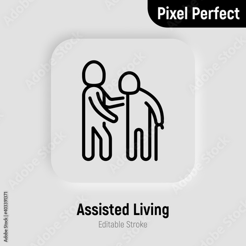 Caregiver with elderly person. Thin line icon. Assisted living in nurse house. Geriatric medicine. Pixel perfect, editable stroke. Vector illustration.