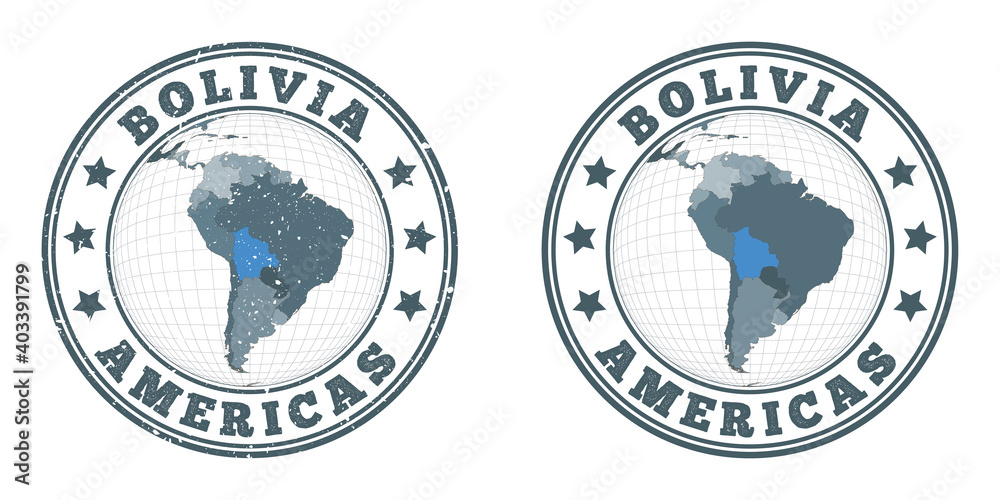 Bolivia round logos. Circular badges of country with map of Bolivia in world context. Plain and textured country stamps. Vector illustration.