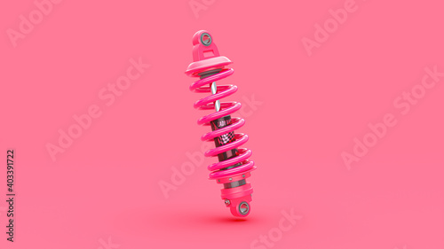 Pink shock absorber on pink background. Clipping path and copy space for your text. Beautiful car accessories and minimal idea concept. 3d Render.