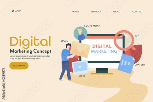 Digital marketing agency people working on clients project with seo, social media, email and video strategy. Flat design vector illustration with character.