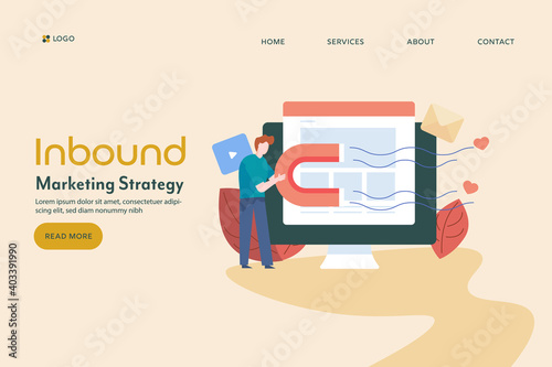 Inbound website marketing concept, businessman with magnet grab attention with video, email. Vector illustration with flat colour design.