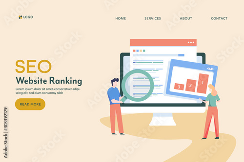 SEO ranking concept. Search engine optimization strategy with marketing team working, web traffic analysis, vector illustration.