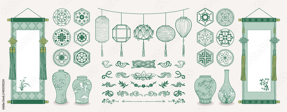 Set of hand drawn oriental elements. Asian hanging scrolls and lanterns. Ceramic vases, Traditional patterns, Oriental decorations. Vector illustrations.