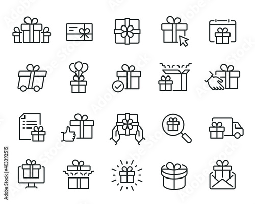 Gifts Icons set. Collection of simple linear web icons such Gift Set, Gift Giving and Delivery, Gifts with Balls, Gift Selection and Search, Unpacking the Gift and others. Editable vector stroke.