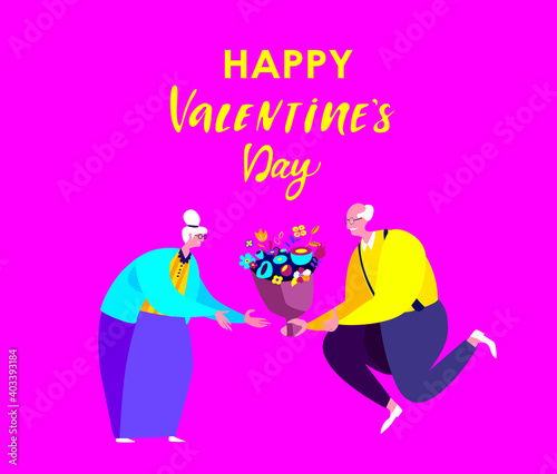 Valentine Day.Retired Pensioner Elderly Man Presenting Bouquet of Flowers to Aged Attractive Woman.Beautiful Old Romantic Smile Couple.Happy St Valentine s Day Birthday Dating.Flat Vector Illustration