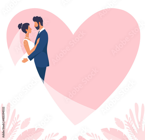 A loving couple on the background of a silhouette of a pink heart. Bride and groom, wedding ceremony, leaves and flowers, flat vector illustration isolated on white background.