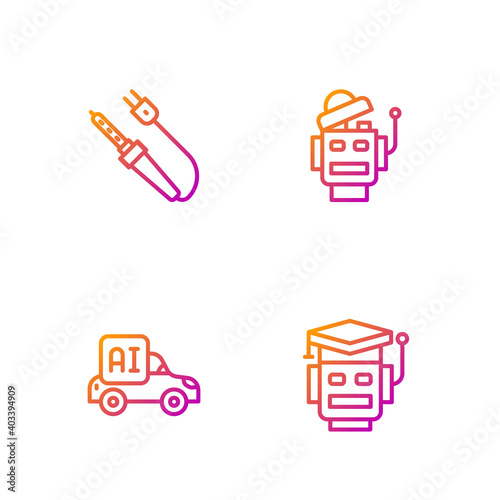 Set line Robot, Autonomous smart car, Soldering iron and . Gradient color icons. Vector.