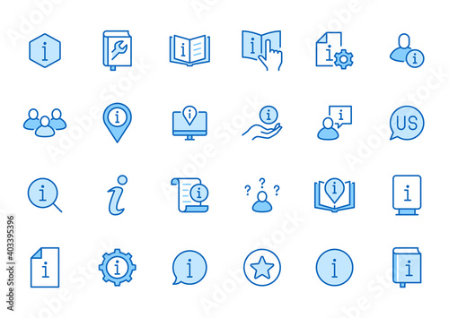 Information line icon set. Privacy policy, manual, rule, instruction, inform, guide, reference minimal vector illustration. Simple outline sign tutorial app ui. Blue color, Editable Stroke