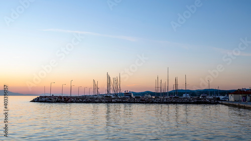Sea port at sunset in Greece