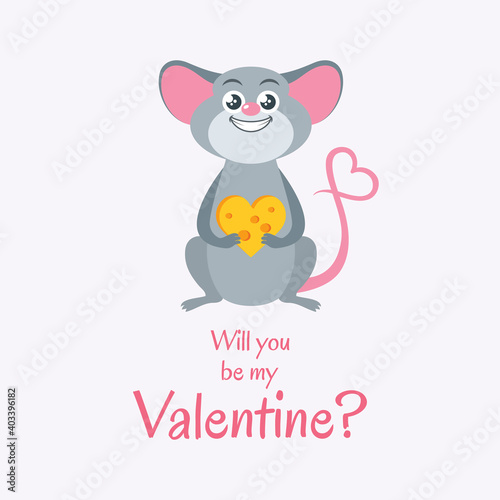 Will you be my Valentine greeting card with cute rat vector. Rat with a heart-shaped tail icon vector. Valentine mouse with cheese heart cartoon character. Important day © betka82