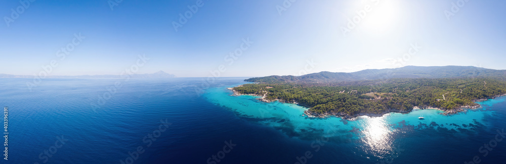 Wide shot of the Aegean sea coast in Greece