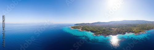 Wide shot of the Aegean sea coast in Greece © frimufilms