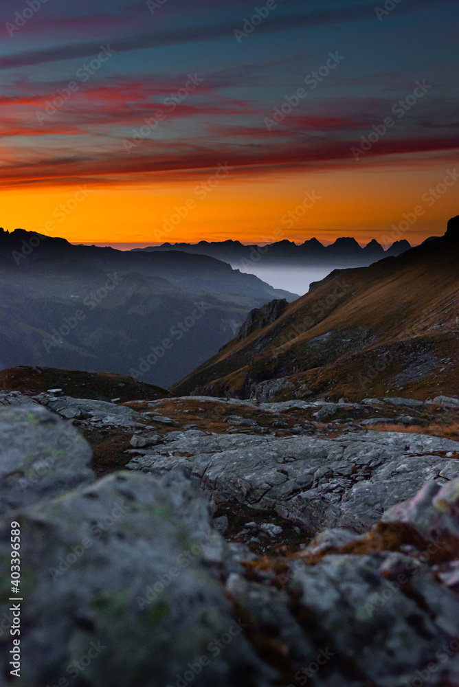 Sonnenuntergang auf dem Pizol Gebirge, Schweiz