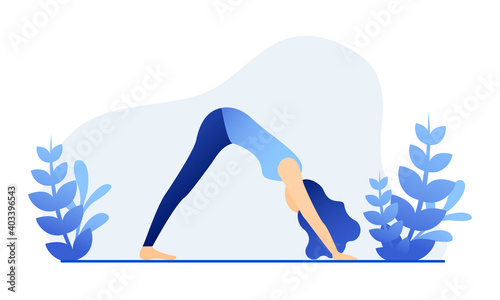 Illustration of a woman meditating in nature. Yoga class in quarantine. Concept for yoga, meditation, relaxation. Stock vector illustration EPS 10