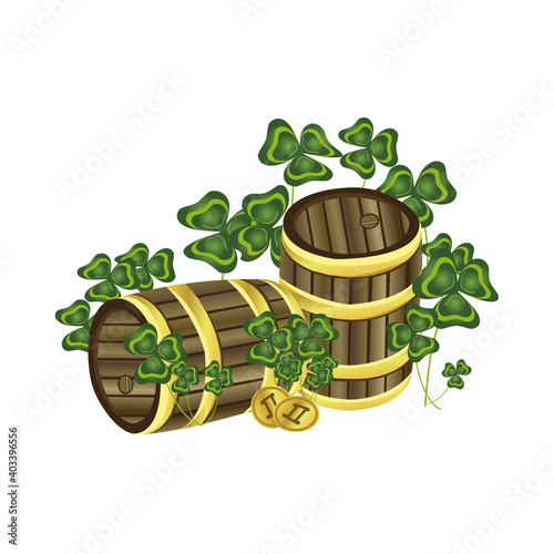 Large wooden barrels of beer. Clover thickets and leprechaun magic gold coins. St.Patrick 's Day. Spring celebrations of Europe. Vector illustration