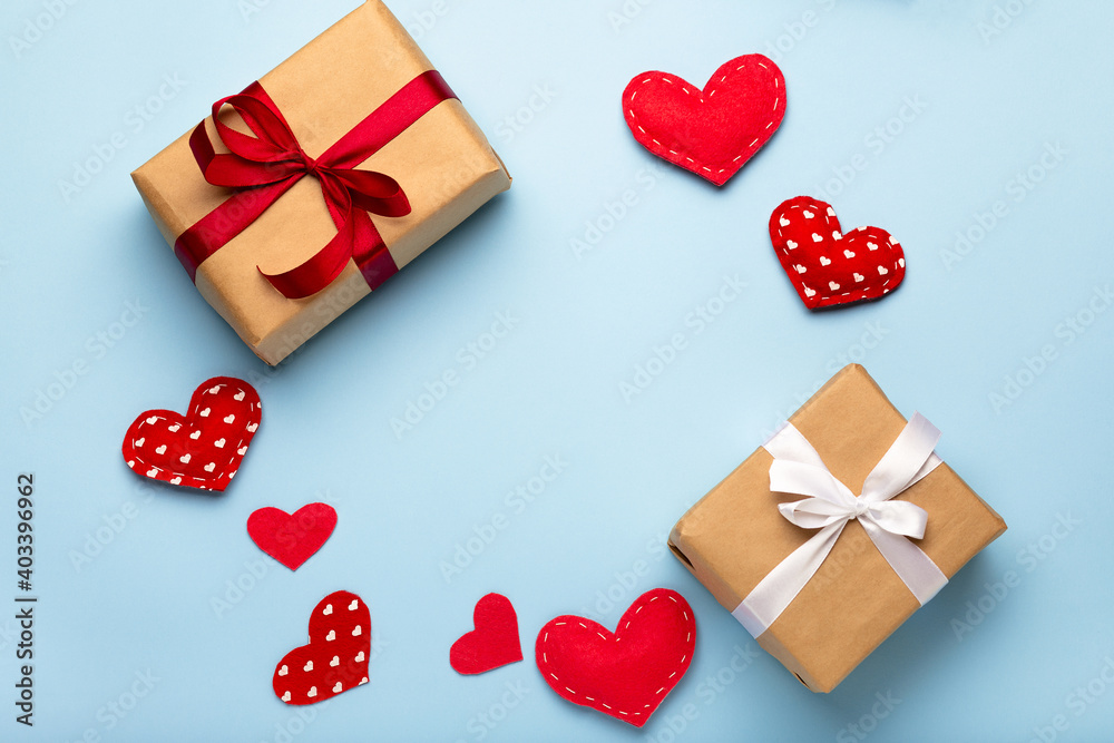 Fototapeta premium Valentine blue background, love concept. Flat lay, top view, copy space