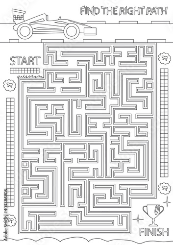 Coloring page with maze. Find the right path for racing car. Kids labyrinth game. Children activity page for book. Worksheet with funny riddle. Vector illustration.