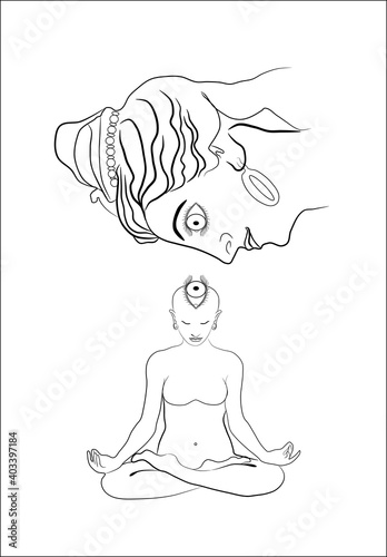 Meditating naked girl and Shiva's face above her