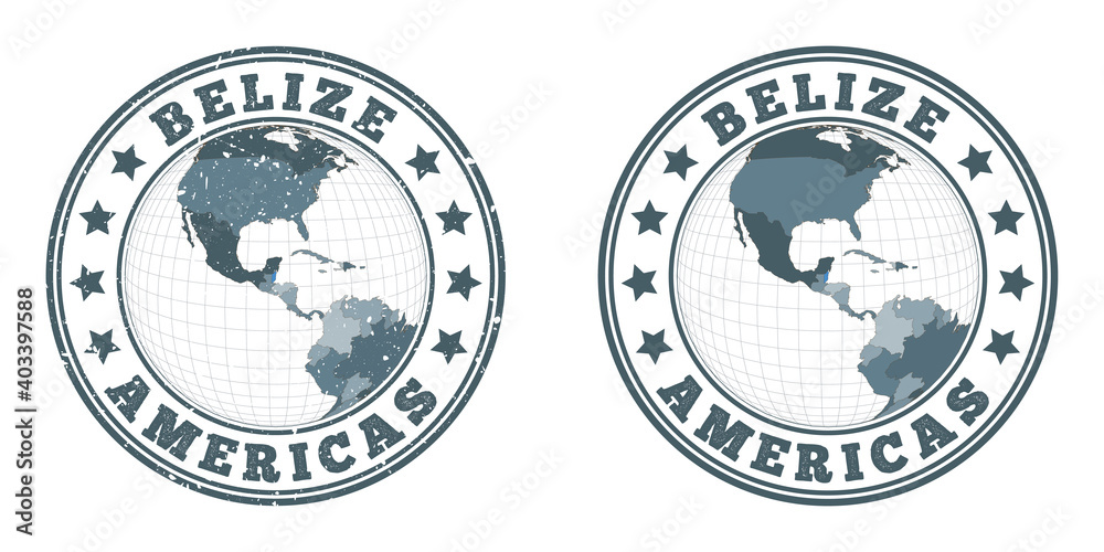 Belize round logos. Circular badges of country with map of Belize in world context. Plain and textured country stamps. Vector illustration.