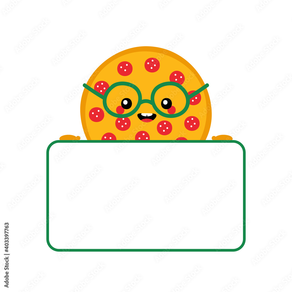 Cute cartoon smiling round pizza character in glasses holding blank, empty card or banner in hands.