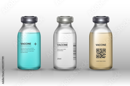 Set of medical vaccine bottles on gray backround. Mockup vaccine - transparent glass. Protection coronavirus and infection. Realistic 3d vector illustration.
