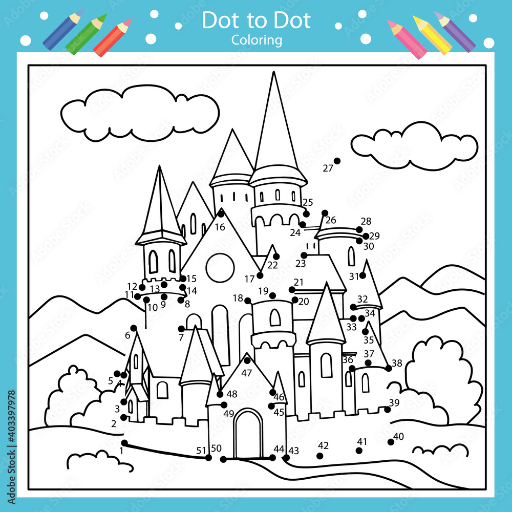 Dot to dots drawing worksheets with castle. Drawing tutorial. Coloring page for kids. Children funny picture riddle. Drawing lesson. Activity art game for book. Vector illustration.