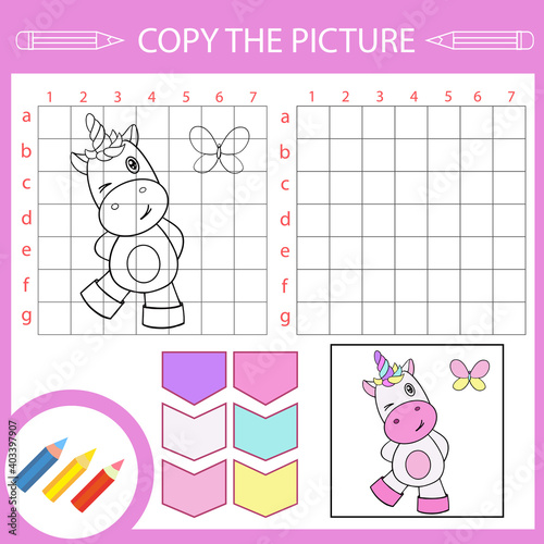 Drawing tutorial funny Unicorn. Copy the picture. Activity page for book. Coloring page. Children funny education riddle. Vector illustration.