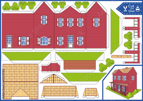 Cut and glue the 3d paper house. Children craft worksheet. Art game with education riddle. Kids crafts activity page. Create toys yourself. 3d gaming puzzle. Birthday decor. Vector illustration.