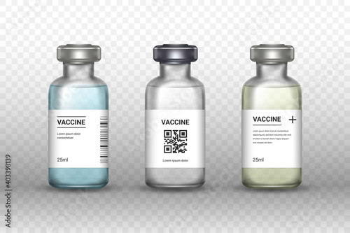 Set of medical vaccine bottles on transparent backround. Mockup vaccine - transparent glass. Protection coronavirus and infection. Realistic 3d vector illustration.