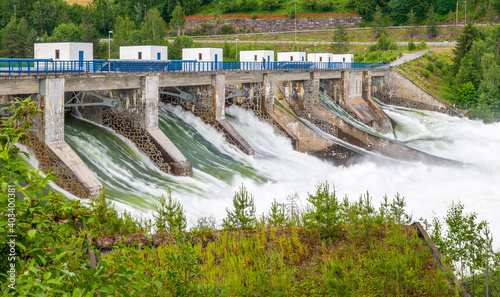 Plakat Hydro power plant with waterfall 