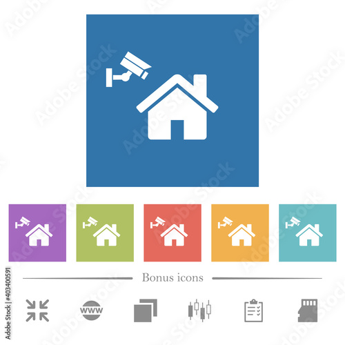 Home security flat white icons in square backgrounds