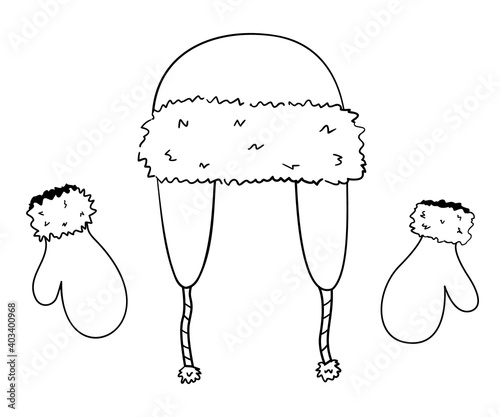 Hat with earflaps with fur on the front with ties. And mittens with fur on the wrist. Isolated outline black and white drawing.