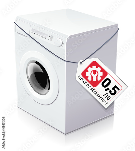 Machine à laver avec une étiquette indiquant un très mauvais indice de réparabilité rouge (reflet)