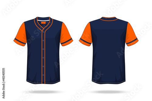 Specification Baseball T Shirt Dark Blue orange Mockup isolated white background , Blank space on the shirt for the design and placing elements or text on the shirt , blank for printing , illustration
