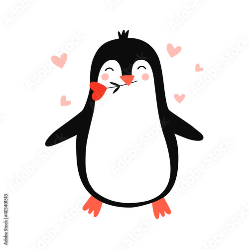 Cute penguin. Penguin in love. Vector hand drawn illustration for romantic prints, valentine day cards. Good for posters, t shirts, postcards.
