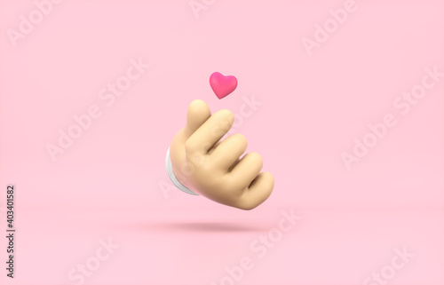 Abstract 3d Cartoon hand with mini heart icon. Valentine's day concept.