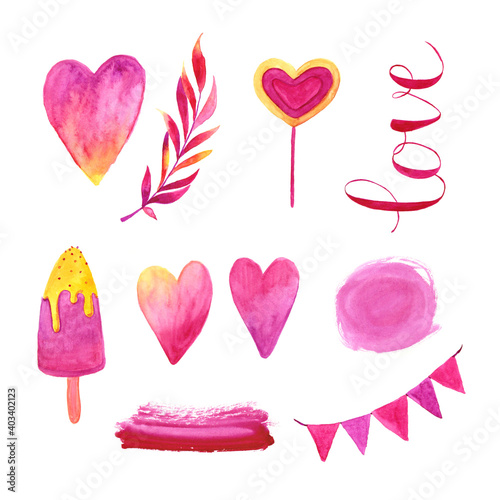 Watercolor romantic pink set. Heart and candy, icecream and leaf