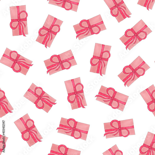Gift box seamless pattern. Birthday pink background