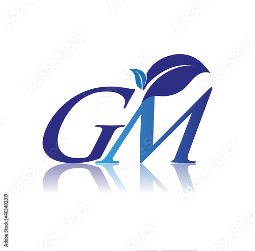 Initial Letter GM With Leaf Logo, colored blue nature and environment logo. vector logo for business and company identity.