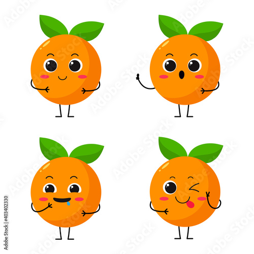 Vector Illustration Flat Orange Cute Character expression emotion collection set isolated on white background , minimal style , Raw materials fresh fruit , Mascot product