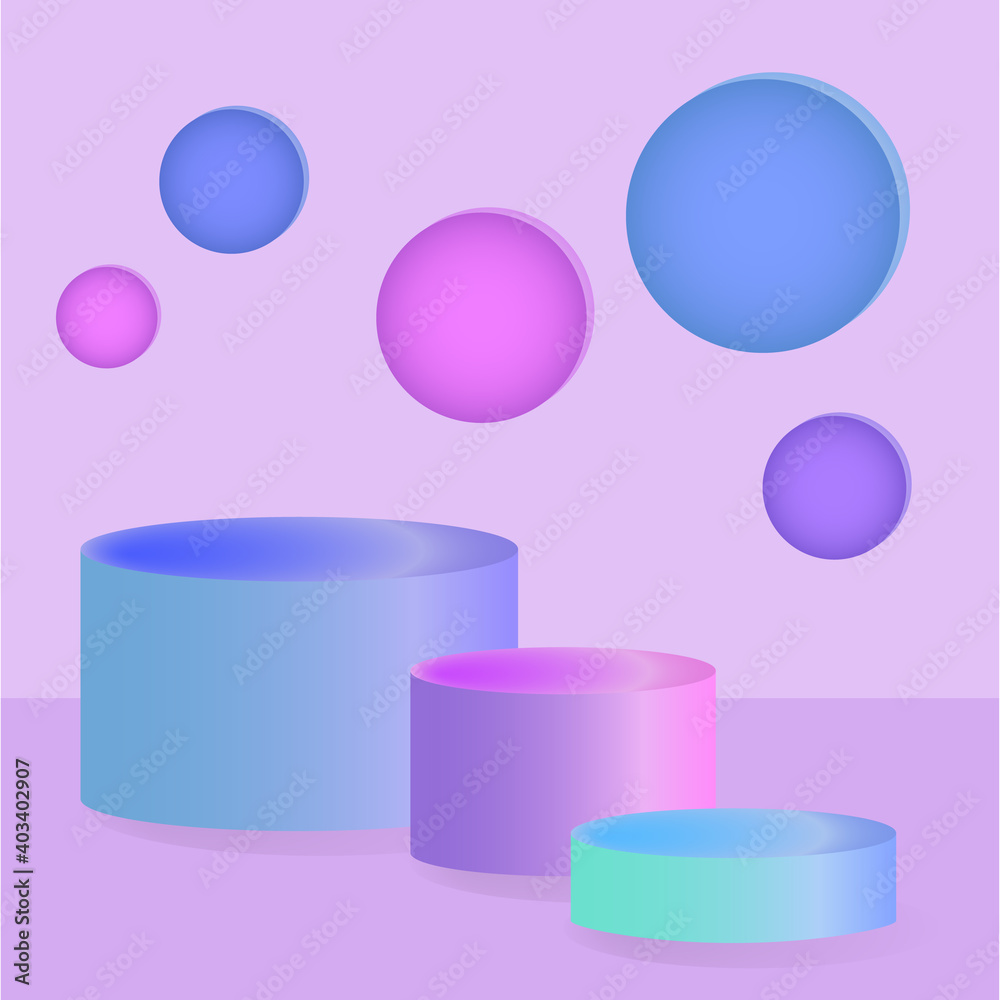 Cylindrical podiums for product placement and frame. Volumetric figures, composition in the style of minimalism, lilac tones. Vector illustration Cylindrical podiums for product placement and frame. Volumetric figures, composition in the style of minimalism, lilac tones. Vector illustration