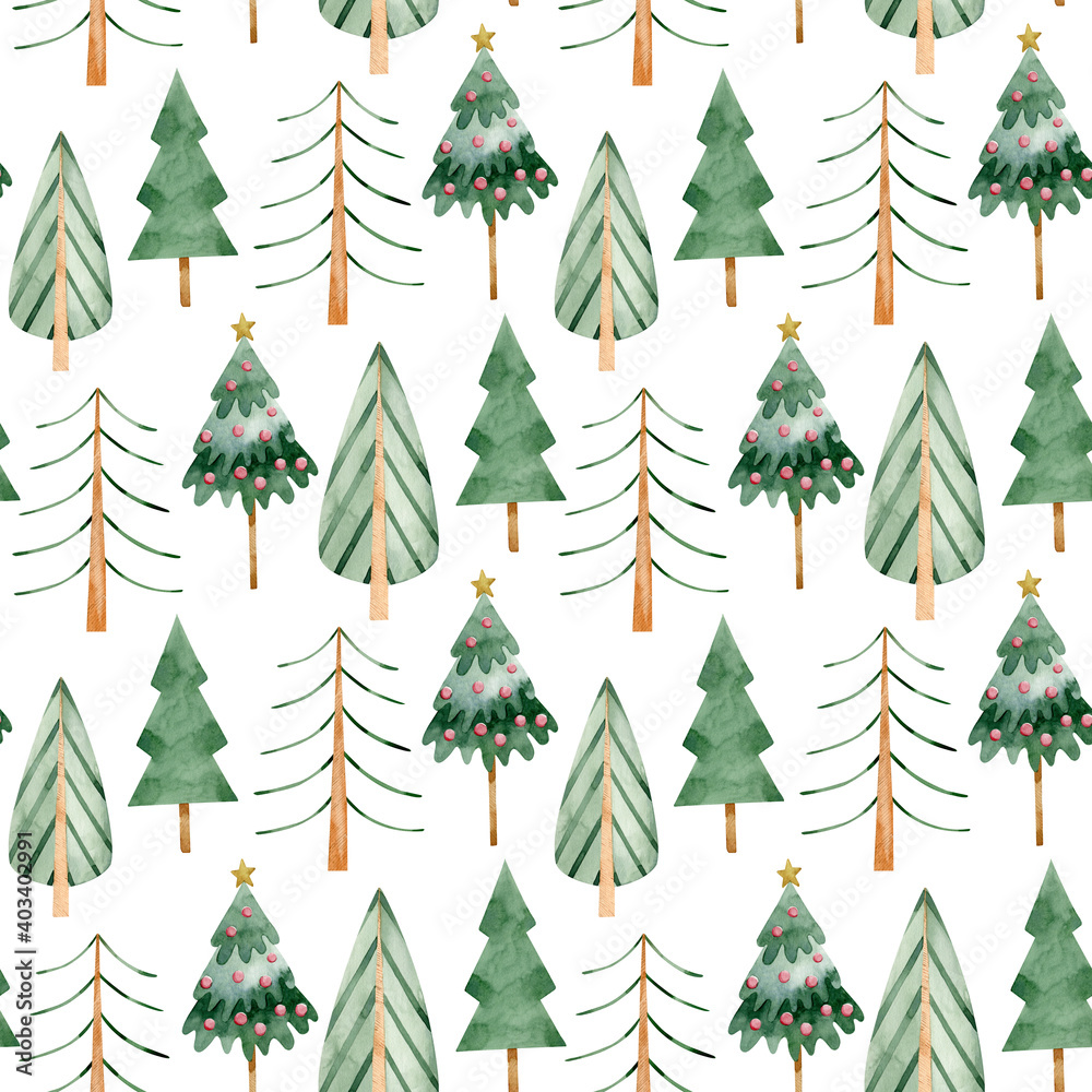 Watercolor seamless pattern of winter forest. Green holiday trees. Christmas Stylized hand-drawn illustration.