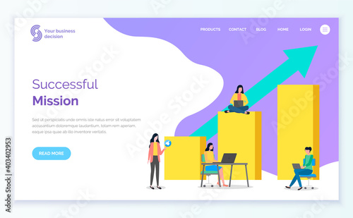 Landing page of the selling site. CEOs, women with laptops, huge surround bar chart, up arrow. Girl with like icon. Customer acquisition, consumer market research. Successful mission. Flat image