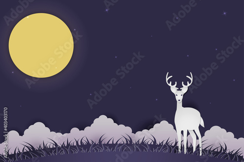 Illustration Deer alone on grass field over clouds at night with full moon and starlight . Wildlife Conservation , Paper sculpture art vector